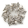 Clear Crystal, White Simulated Pearl Wreath Brooch In Rhodium Plating - 4cm Diameter