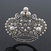 Clear & AB Crystal, Simulated Pearl 'Queenie' Crown Brooch In Rhodium Plated Metal - 5cm Length