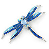 Dark/Light Blue Enamel Dragonfly Brooch In Rhodium Plating - 8cm Length