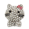 Cute Simulated Pearl Bead 'Cat With Pink Crystal Bow' Brooch In Rhodium Plating - 25mm Length