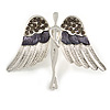 Flying Angel Grey Diamante Brooch In Rhodium Plating - 50mm Width