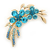 Sky Blue Crystal Double Flower Brooch In Gold Plating - 55mm Length