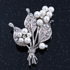 White Simulated Pearl, Clear Crystal Bouquet Brooch In Rhodium Plating - 5cm Length
