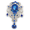 Statement Sapphire Blue Coloured/ Clear CZ Crystal Charm Brooch In Rhodium Plating - 11cm Length