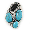 Vintage Asymmetrical Turquoise Stone, Crystal Brooch/ Pendant In Antique Silver Metal - 65mm Length