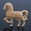 Gold Plated Textured Crystal 'Horse' Brooch - 55mm Width