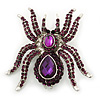 Large Purple Crystal Spider Brooch In Rhodium Plating - 55mm Length