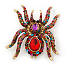 Large Multicoloured Swarovski Crystal Spider Brooch In Gold Plating - 55mm Length