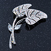 Anniversary AB Swarovski Crystal 'Double Leaf' Brooch In Rhodium Plating - 65mm Length