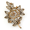 Vintage Filigree Citrine Crystal Floral Brooch In Antique Gold Metal - 8cm Length