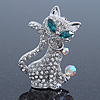 Cute 'Cat' With Green Eyes, Crystal Collar & Ball Brooch In Rhodium Plating - 43mm Length