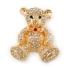 Gold Plated Crystal Teddy Bear With Bow&Heart Brooch - 45mm Across