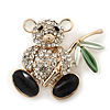 Cute Crystal 'Teddy Bear' Brooch In Gold Plating - 32mm Length
