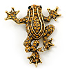 Gold Plated Citrine Crystal 'Frog With Bow' Brooch - 50mm Length