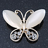 Milky White Cat's Eye Stone/ Diamante Butterfly Brooch In Gold Plating - 40mm Width