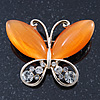 Orange Cat's Eye Stone/ Diamante Butterfly Brooch In Gold Plating - 40mm Width