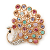 Gold Plated Multicoloured Swarovski Crystal 'Peacock' Brooch - 45mm Width