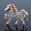 Small Gold Plated Crystal 'Horse' Brooch - 33mm Width