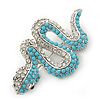 Turquoise Coloured Acrylic Bead, Crystal 'Snake' Brooch In Rhodium Plating - 65mm Length