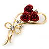 Triple Red Rose Diamante Brooch In Gold Plating - 55mm Across