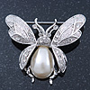 Vintage Inspired Crystal, Simulated Pearl 'Bumble Bee' Brooch In Silver Plating - 60mm Across