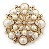 Large Layered Bridal Simulated Pearl, Crystal Brooch In Gold Plating - 60mm Diameter
