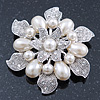 Vintage Inspired Swarovski Crystal White Simulated Pearl 'Flower' Brooch In Rhodium Plating - 55mm Diameter