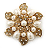 Vintage Inspired Swarovski Crystal White Simulated Pearl 'Flower' Brooch In Gold Plating - 55mm Diameter