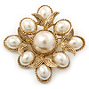 Vintage Inspired White Simulated Pearl Square Brooch In Gold Plating - 45mm Across
