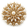 Bridal Vintage Inspired White Simulated Pearl, Austrian Crystal Layered Floral Brooch In Gold Plating - 50mm Diameter