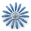 Light Blue Enamel Diamante 'Daisy' Brooch In Silver Plating - 50mm Diameter