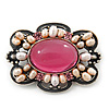 Vintage Inspired Pink Glass, Freshwater Pearl Oval Brooch In Antique Silver Tone - 48mm Width