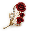 Gold Plated Red 'Roses' Diamante Brooch - 52mm Length