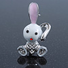 Cute White Enamel, Crystal 'Bunny' Brooch In Rhodium Plating - 42mm Length