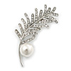 Delicate Rhodium Plated Crystal, Simulated Pearl 'Leaf' Brooch - 60mm Length
