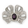 Large Clear Crystal, Purple CZ 'Bow' Brooch In Rhodium Plating - 70mm Length