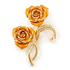 Gold Yellow Enamel, Crystal Double Rose Brooch In Gold Plating - 65mm Length