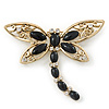 Gold Tone Filigree With Black Stone 'Dragonfly' Brooch - 70mm Width