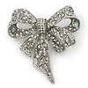 Marcasite Swarovski Crystal 'Bow' Brooch In Silver Tone - 65mm Length