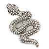 Clear Austrian Crystal 'Snake' Brooch In Silver Tone Plating - 65mm Length