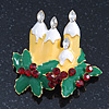 Holly and Christmas Yellow, Whtie, Green Enamel Candles Brooch In Gold Plating - 43mm Length