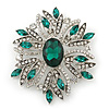 Stunning Bridal Emerald Green, Clear Austrian Crystal Corsage Brooch In Rhodium Plating - 60mm Length