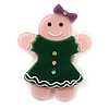 Baby Pink/ Dark Green Austrian Crystal Acrylic 'Gingerbread Girl' Brooch - 50mm Length