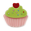Baby Pink/ Lime Green Austrian Crystal Acrylic 'Cupcake' Pin Brooch - 40mm Across