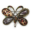 Large Animal Print Butterfly Brooch/ Pendant In Antique Gold Tone - 75mm Across