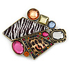 Animal Print, Multicolured Austrian Crystal Geometric Brooch In Antique Gold Tone - 80mm Across