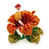 Red, Orange, Green Austrian Crystal Exotic Flower Brooch/ Pendant In Gold Plating - 35mm Length