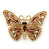 Small Brown, Champagne, Milky White  Austrian Crystal Butterfly Brooch In Gold Plating - 35mm Length