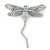 Grey, Pale Blue Austrian Crystal Dragonfly Brooch With Moving Tail In Rhodium Plating - 80mm Length