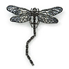 Black, Grey Austrian Crystal Dragonfly Brooch With Moving Tail In Black Tone Metal - 80mm Length